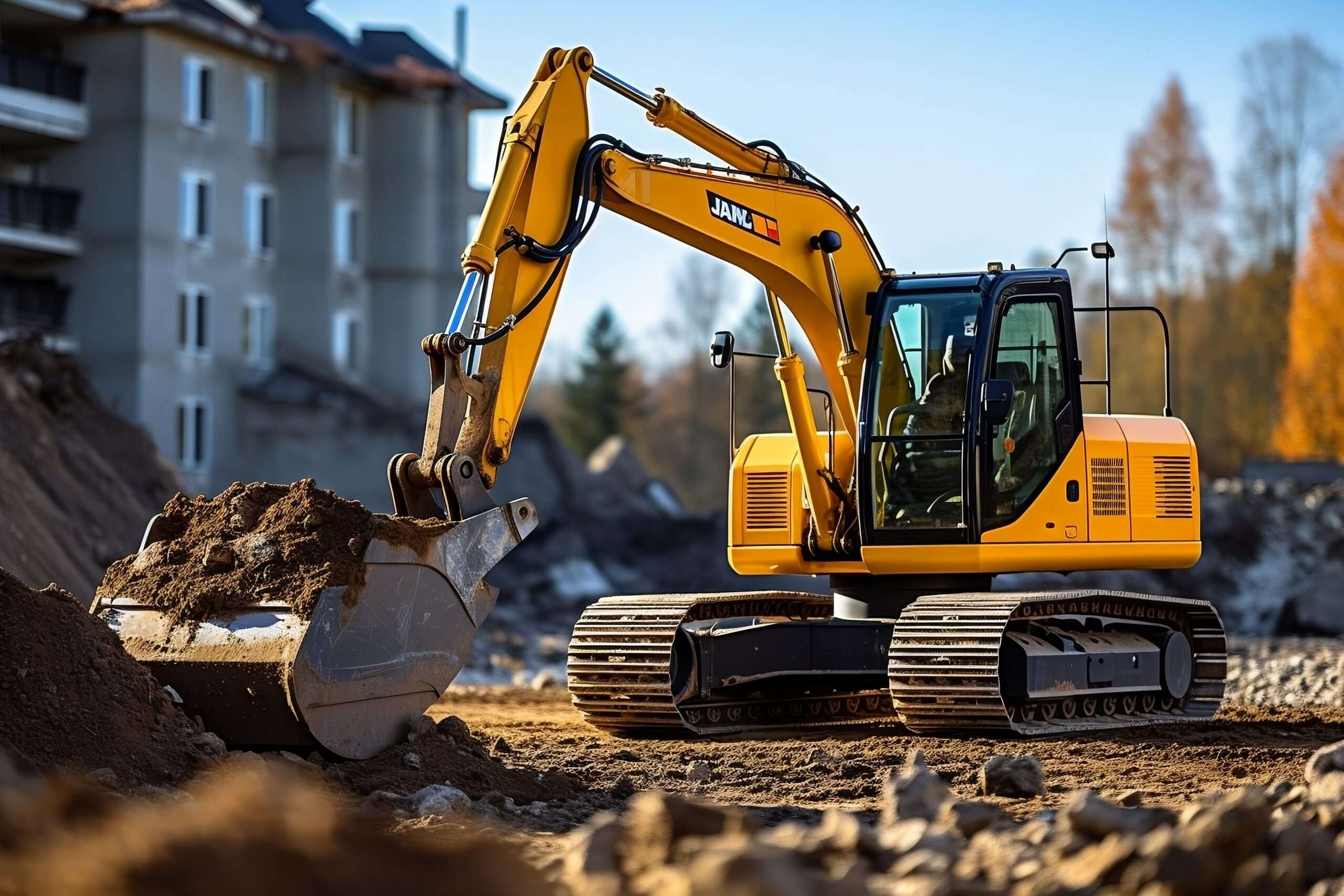 Construction Site Backhoe Excavator. Generative AI Construction Site Backhoe Excavator. Generative AI