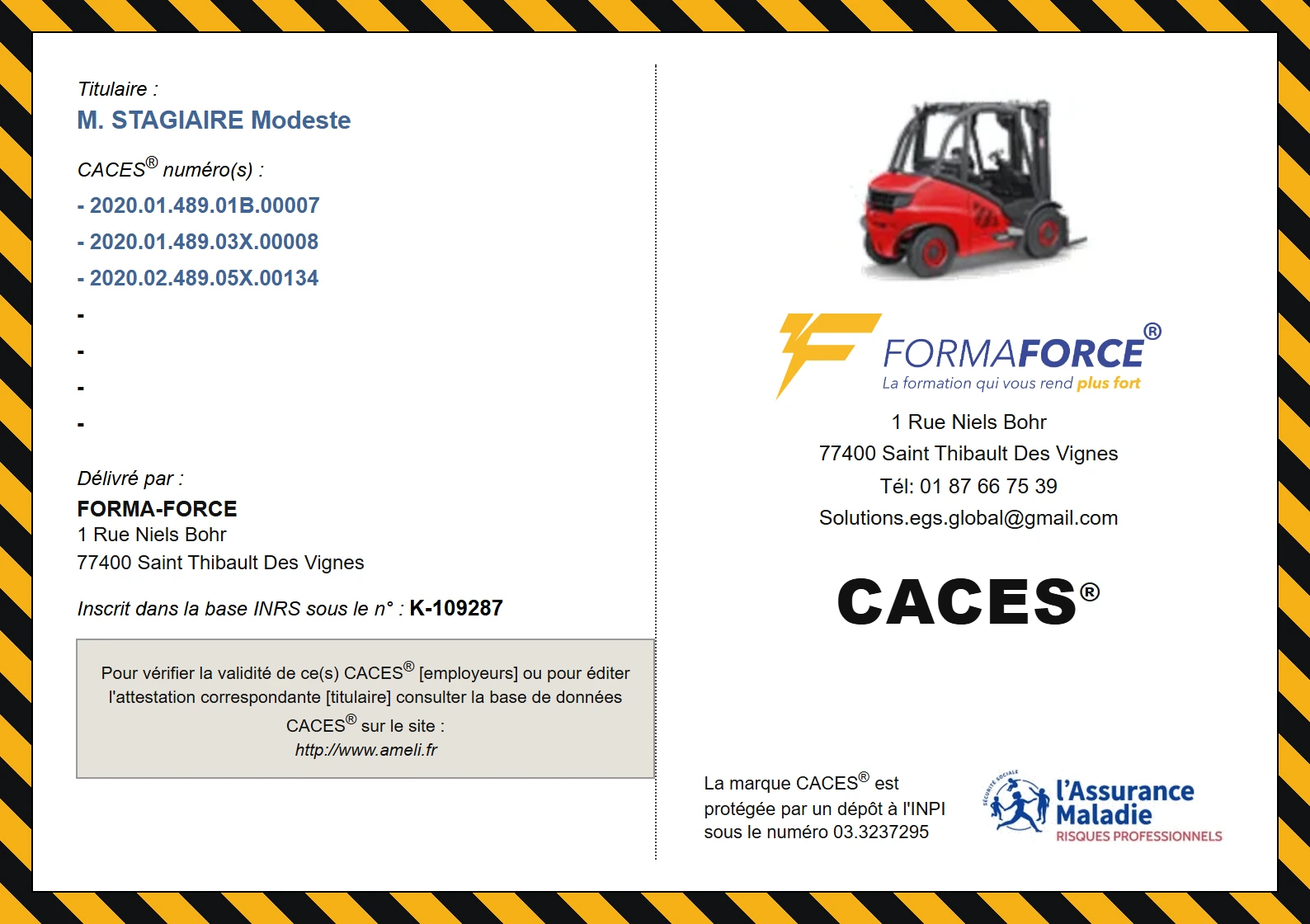 Modèle de certificat CACES® FORMA-FORCE — verso (document non nominatif)