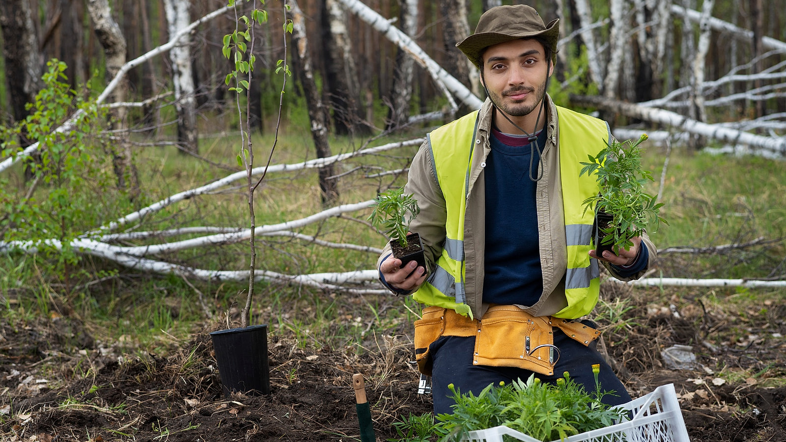 Paysagiste creusant une fosse de plantation à la mini-pelle près de marquages de réseaux enterrés