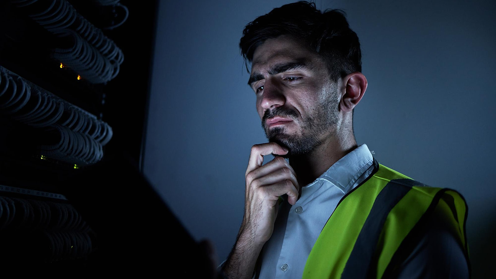 Agent de maintenance seul dans un local technique portant un dispositif d'alarme pour travailleur isolé