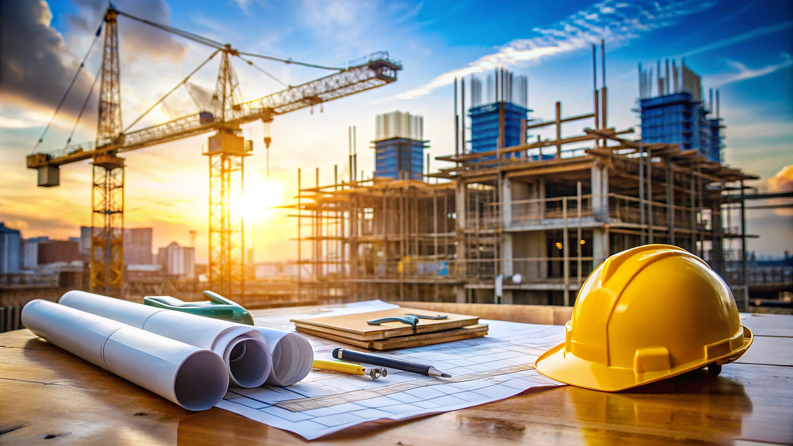 Rouleaux de plans et casque de sécurité au premier plan d'un chantier