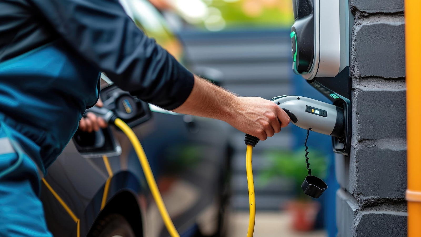 Câble de recharge branché sur une borne murale, quotidien de l'engin électrique